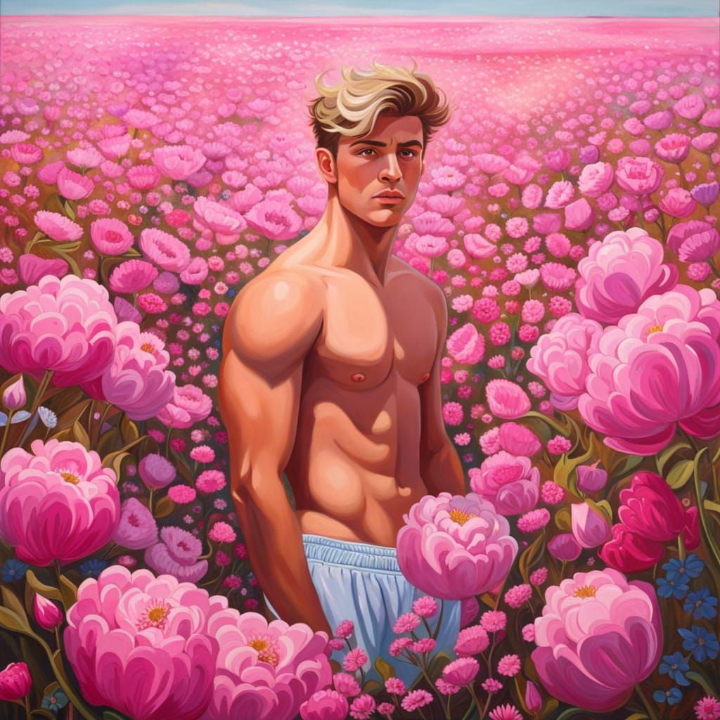 Young Man in Pink Flower Field Painting