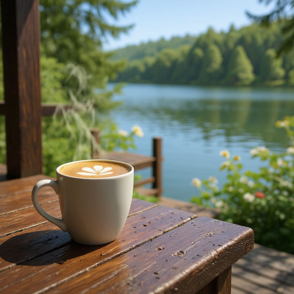 Realistic Lake Dock Coffee Steaming on Porch