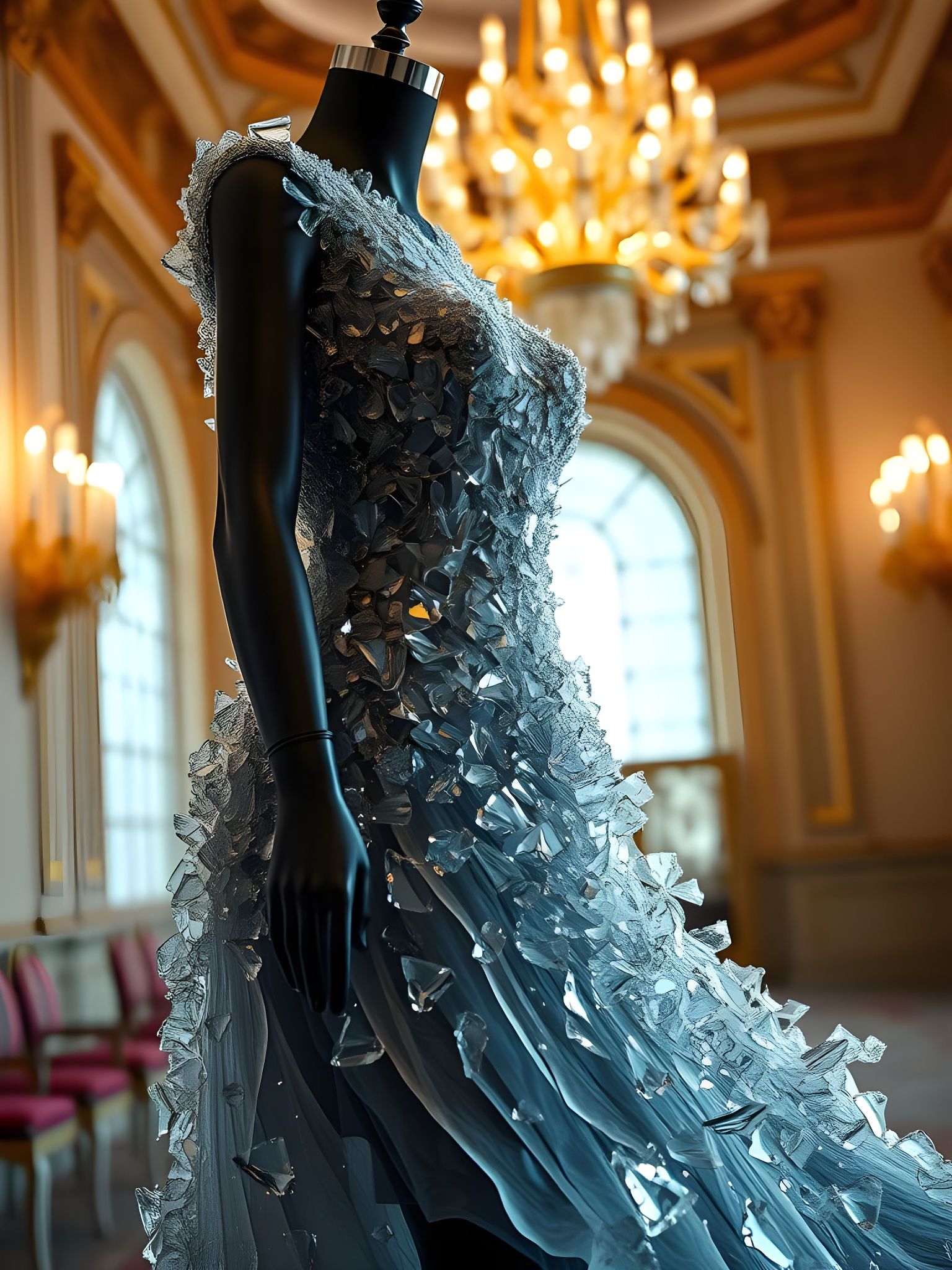 Mannequin in Shimmering Murano Glass Dress in Ballroom