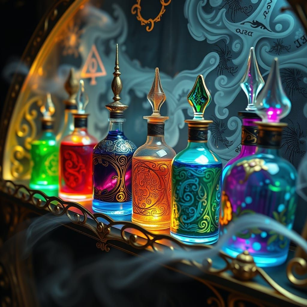 Baroque Magic Potions with Glowing Runes in 3D