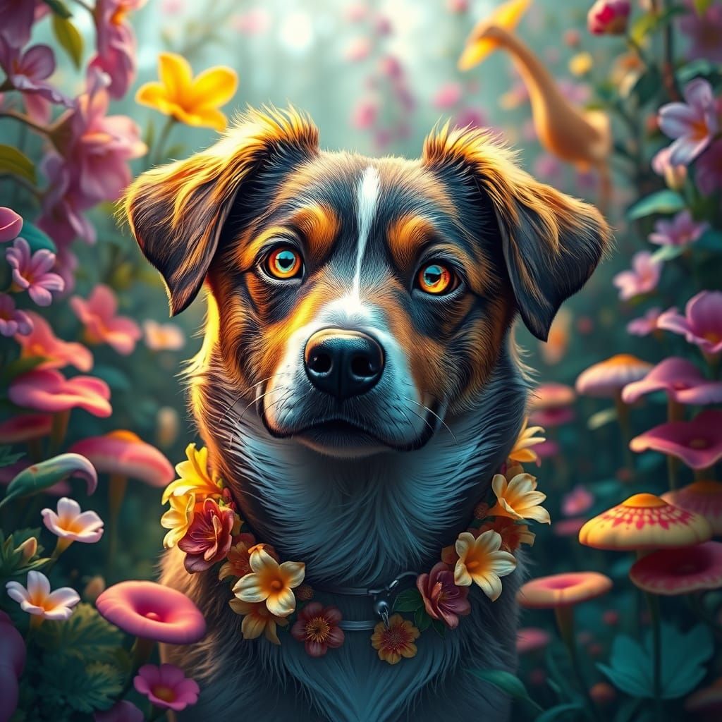 Dog with Turquoise Eyes in Enchanted Garden