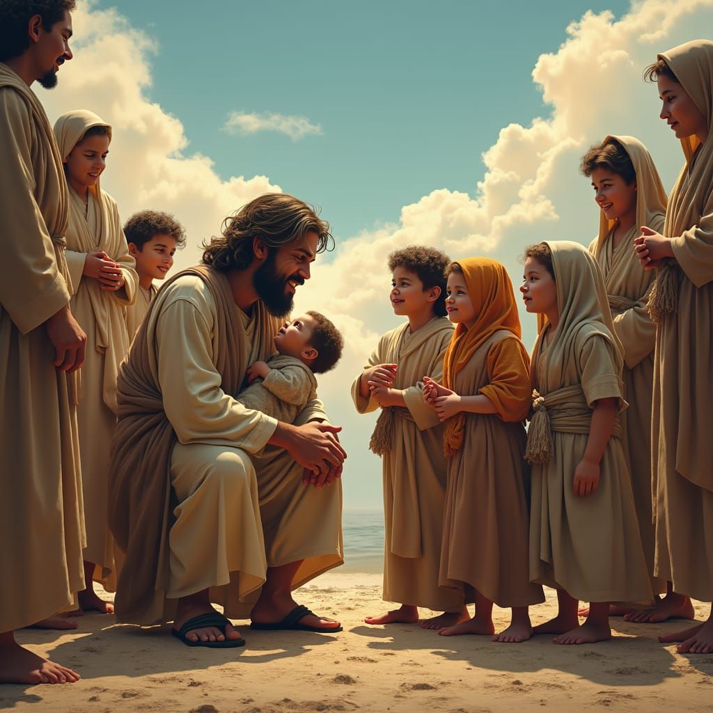 Jesus Welcomes Children in a Mystical Scene