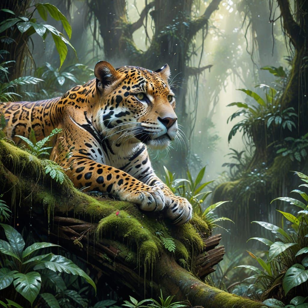 Jaguar Prowling in Misty Rainforest Watercolour