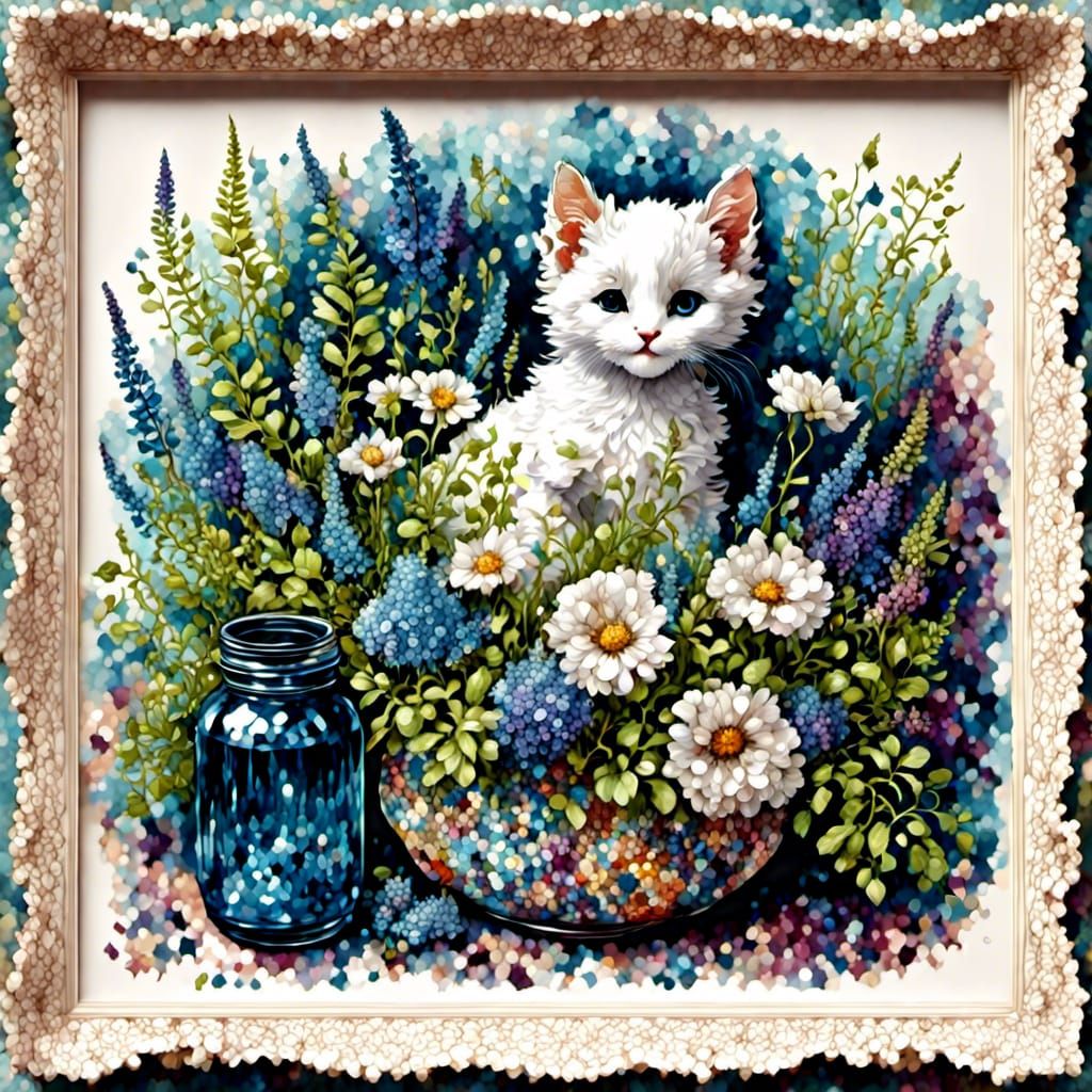 Fern Bouquet with Kitten in Hyperreal Style