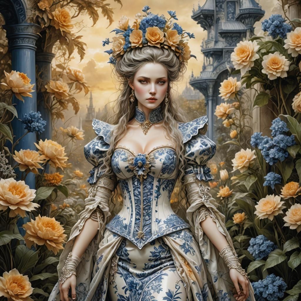 Porcelain Woman in Fantasy Garden as Digital Art