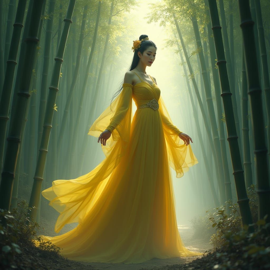 Chinese Woman Emerges from Misty Bamboo Forest