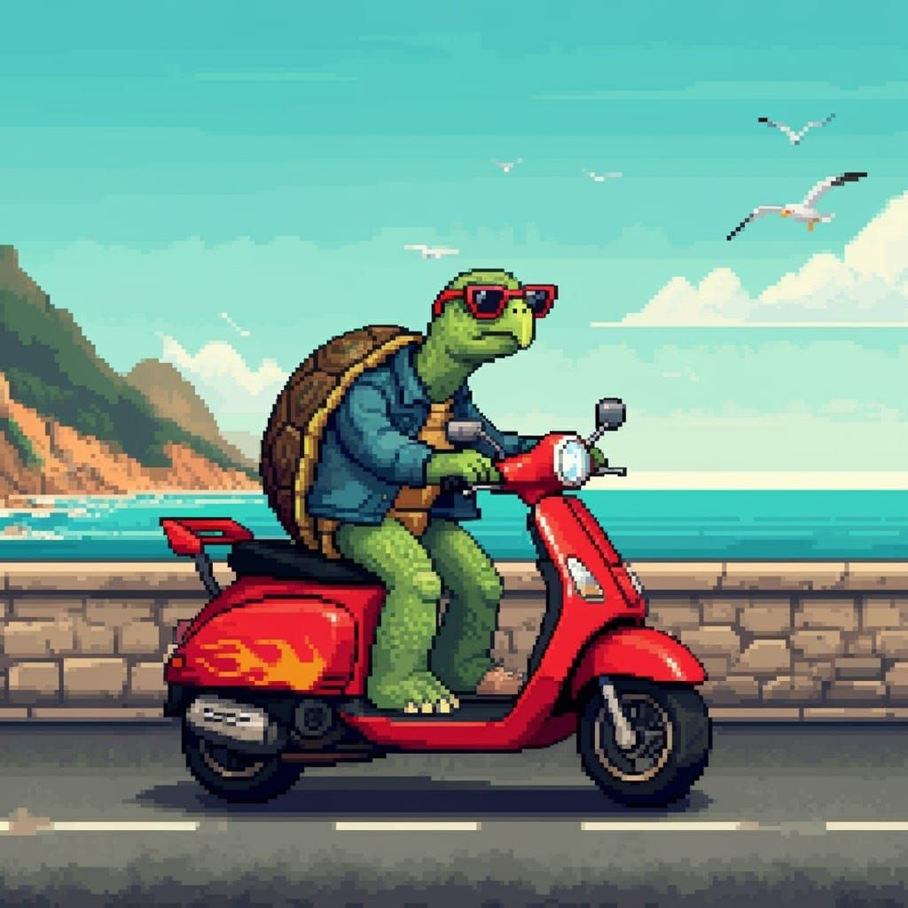 Stylish Turtle on Scooter: 8-bit Pixel Art