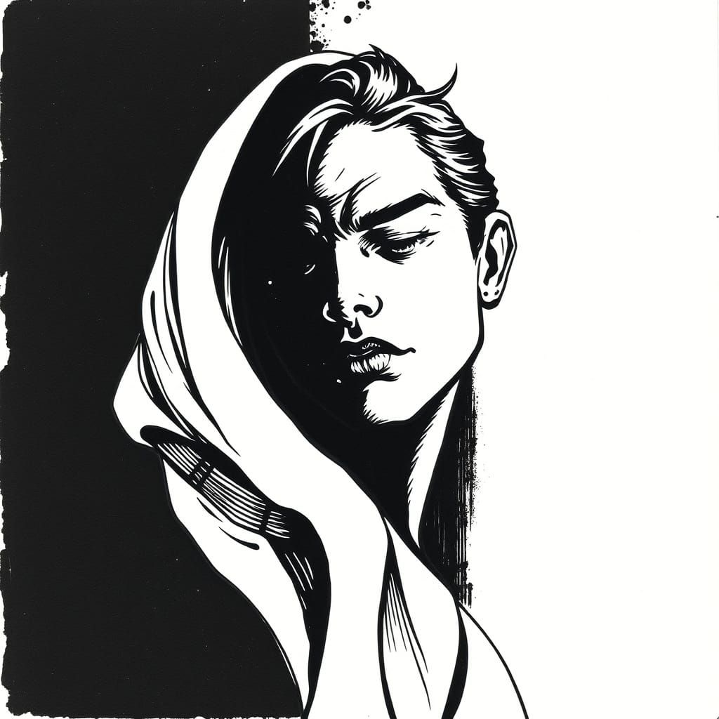 Moody Black and White Ink Drawing with Bold Lines and Delica...