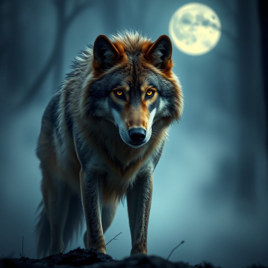 Majestic Wolf in Misty Moonlit Forest