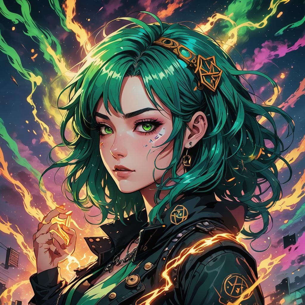 Anime Portrait of Green-Haired Woman Casting Magic