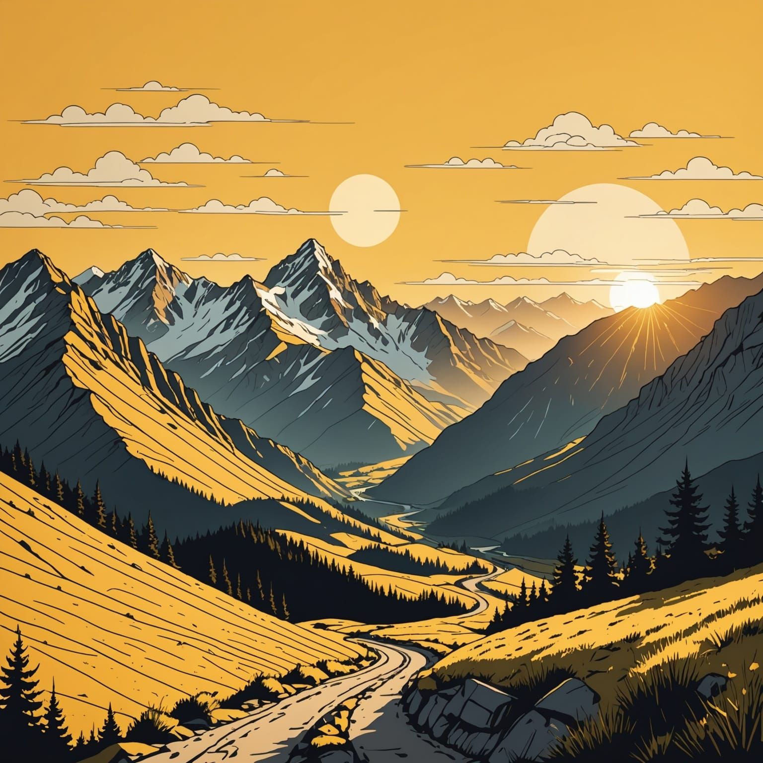 Minimalist Line Art: Mountain Sunrise