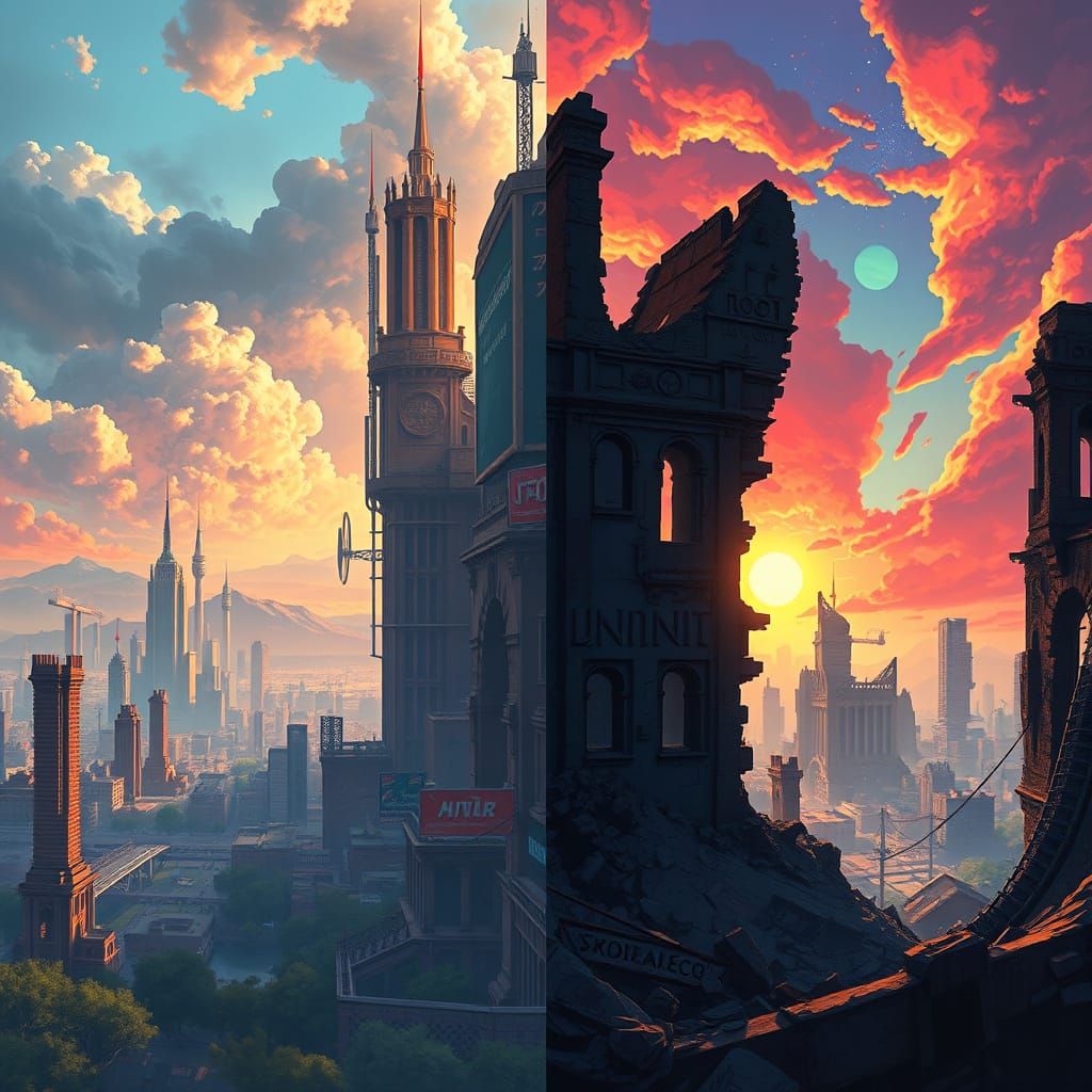 City Divided: Atmospheric Realism and Vibrant Colors