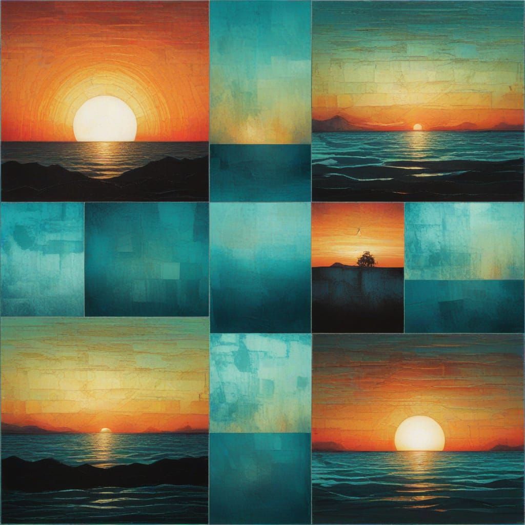 Surreal Cubist Sunset in Aqua and Turquoise