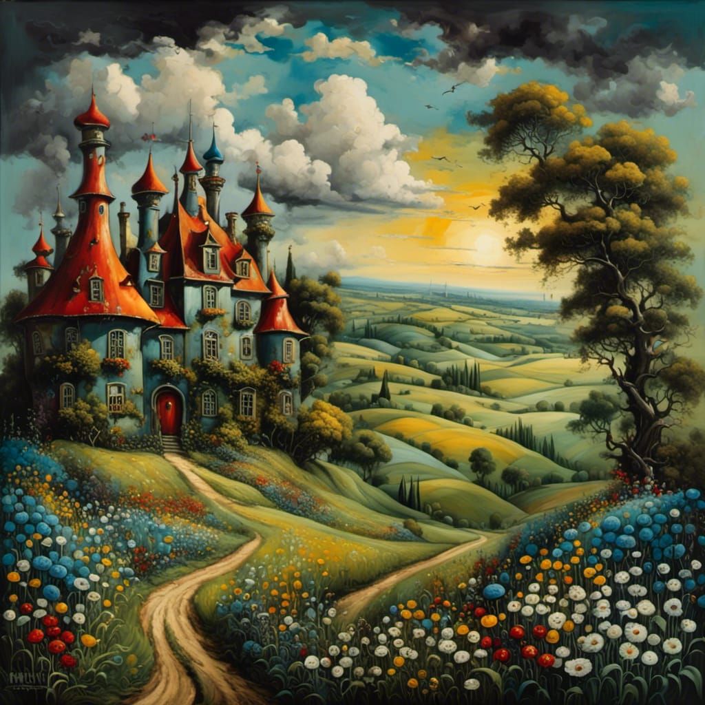 Vibrant Countryside Oil Painting in a Surreal Style