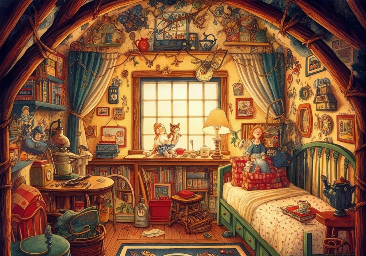 Intricate Cozy Home Interior in Naive Art Style