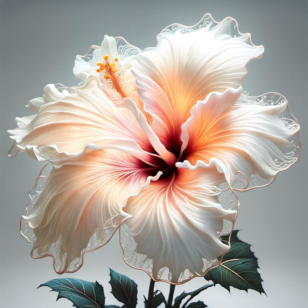Luminous White and Peach Hibiscus Flower in Digital Art