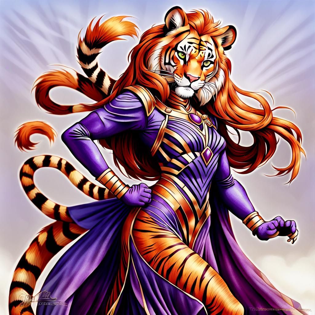 Anthropomorphic Tigress-Lioness Hybrid in Striped Gown