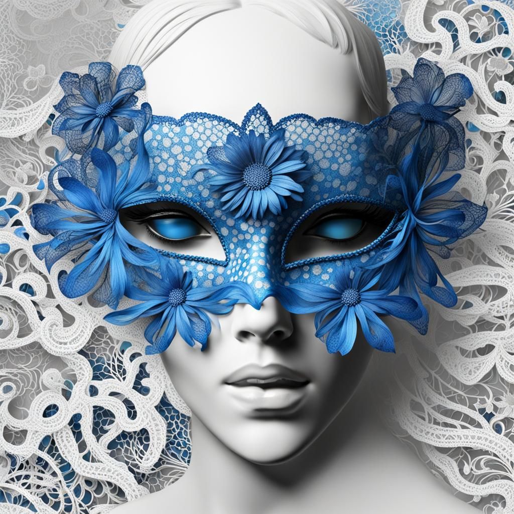 Lace Mask with Blue Daisies: Abstract Art