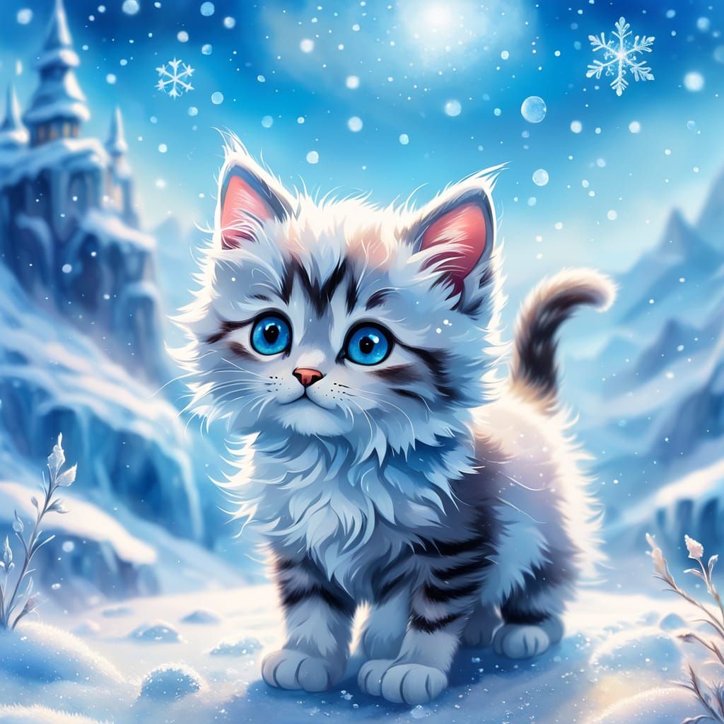 Kitten Explores Frozen Landscape in Watercolor Style