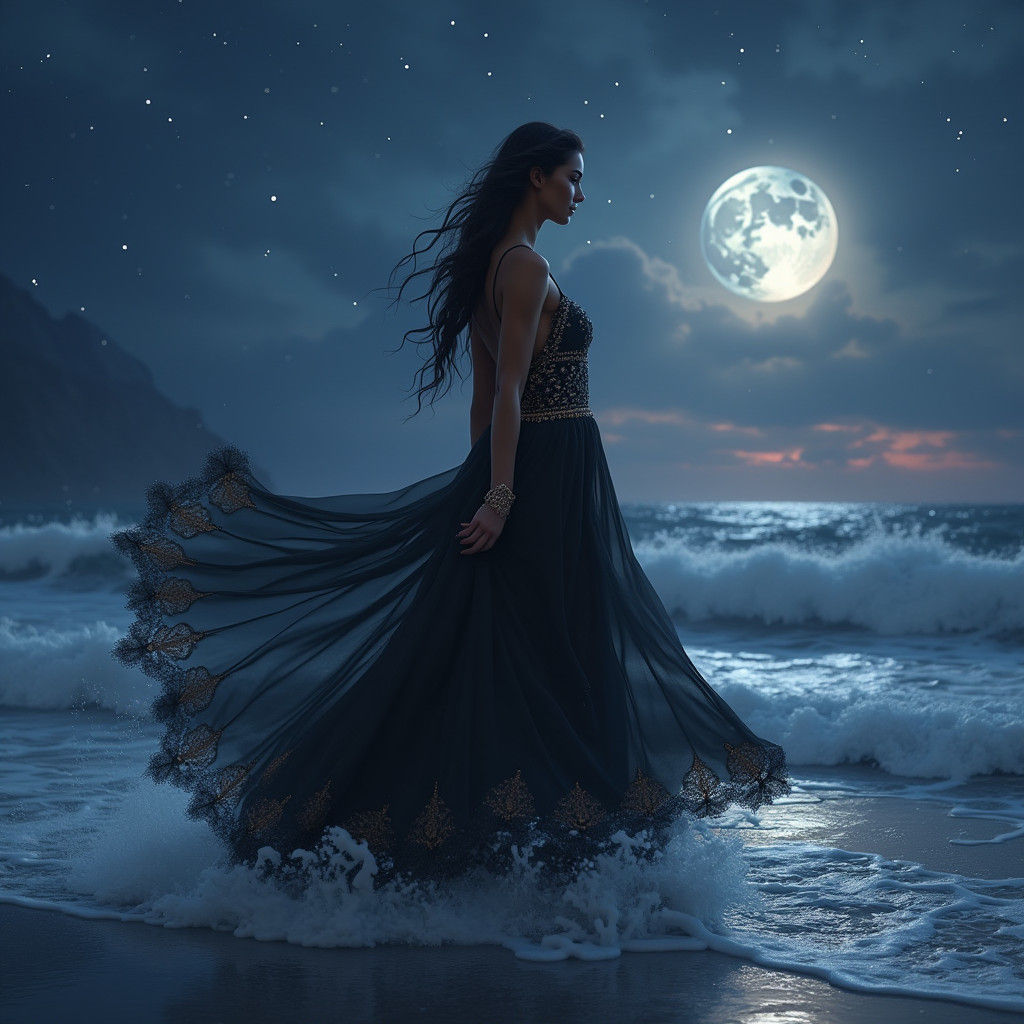 Woman in Black Gown at Night Ocean