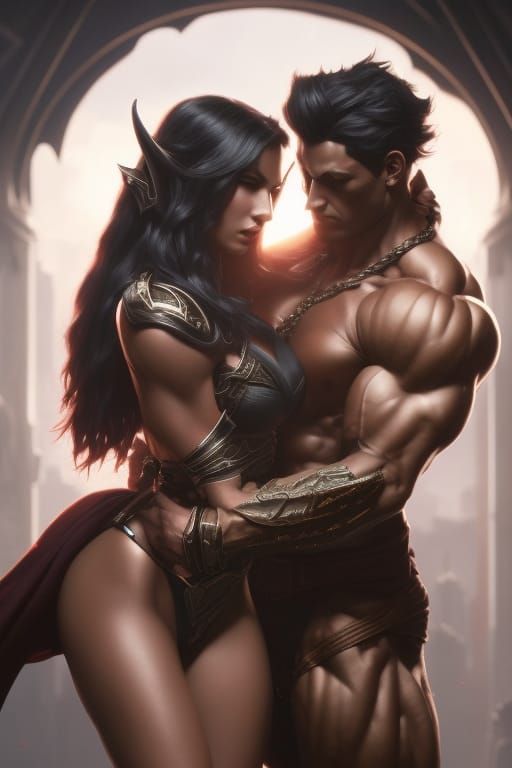 Dark Elf and Human Lovers in Dark Fantasy Style
