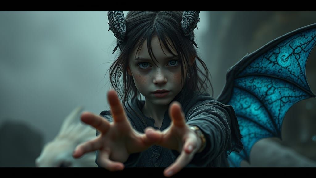 Girl with Dragon-Like Features Reaches Out in Dark Fantasy S...