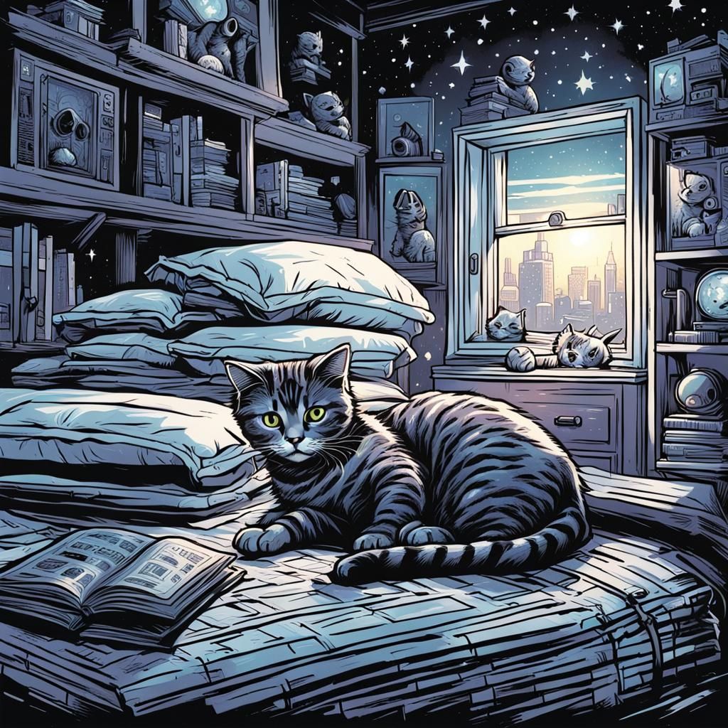 Cat in Pyjamas: Comic Book Style Illustration