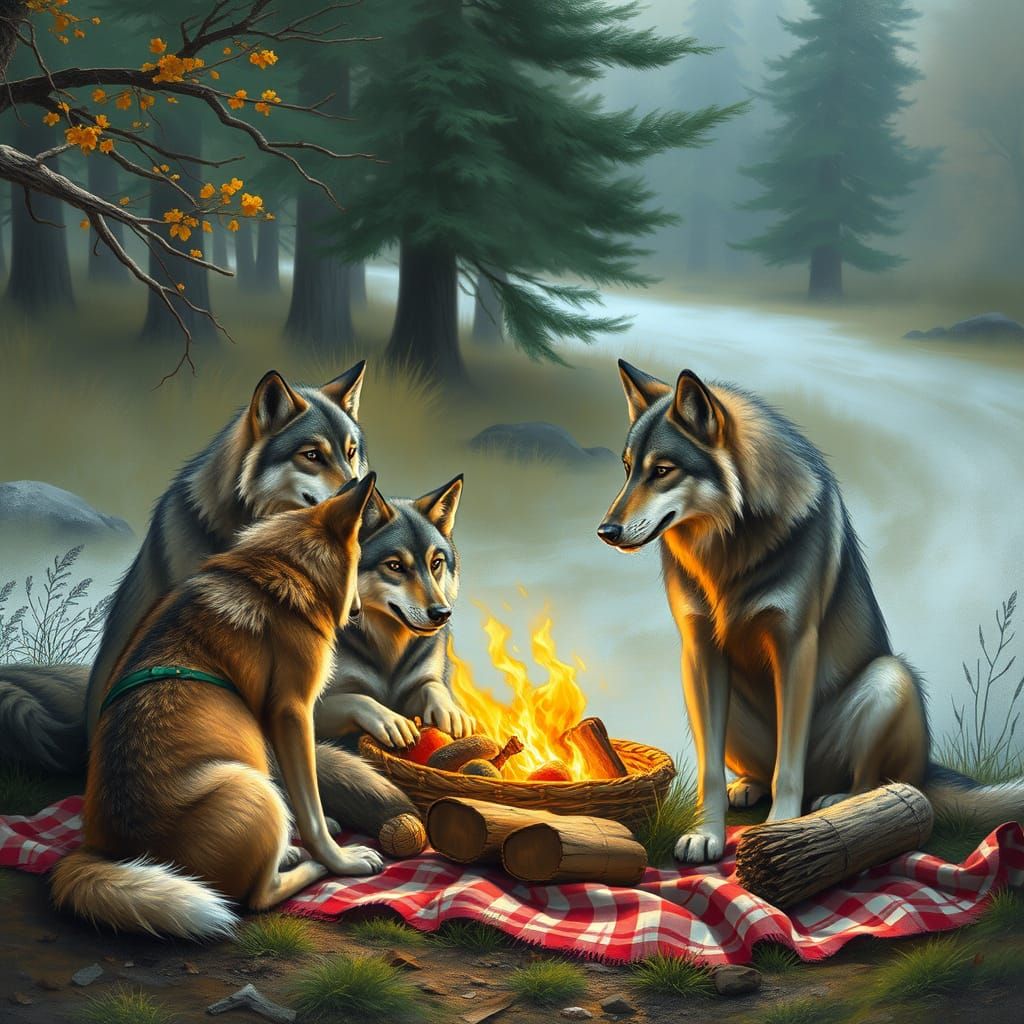 Wolves Picnic in Forest Clearing
