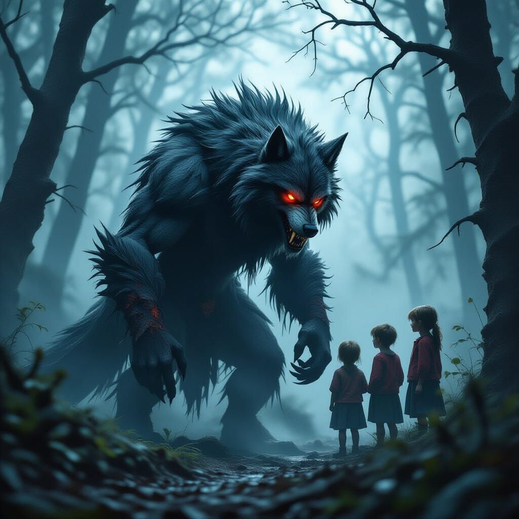Spectral Werewolf Guardians in Haunted Forest, Dark Fantasy