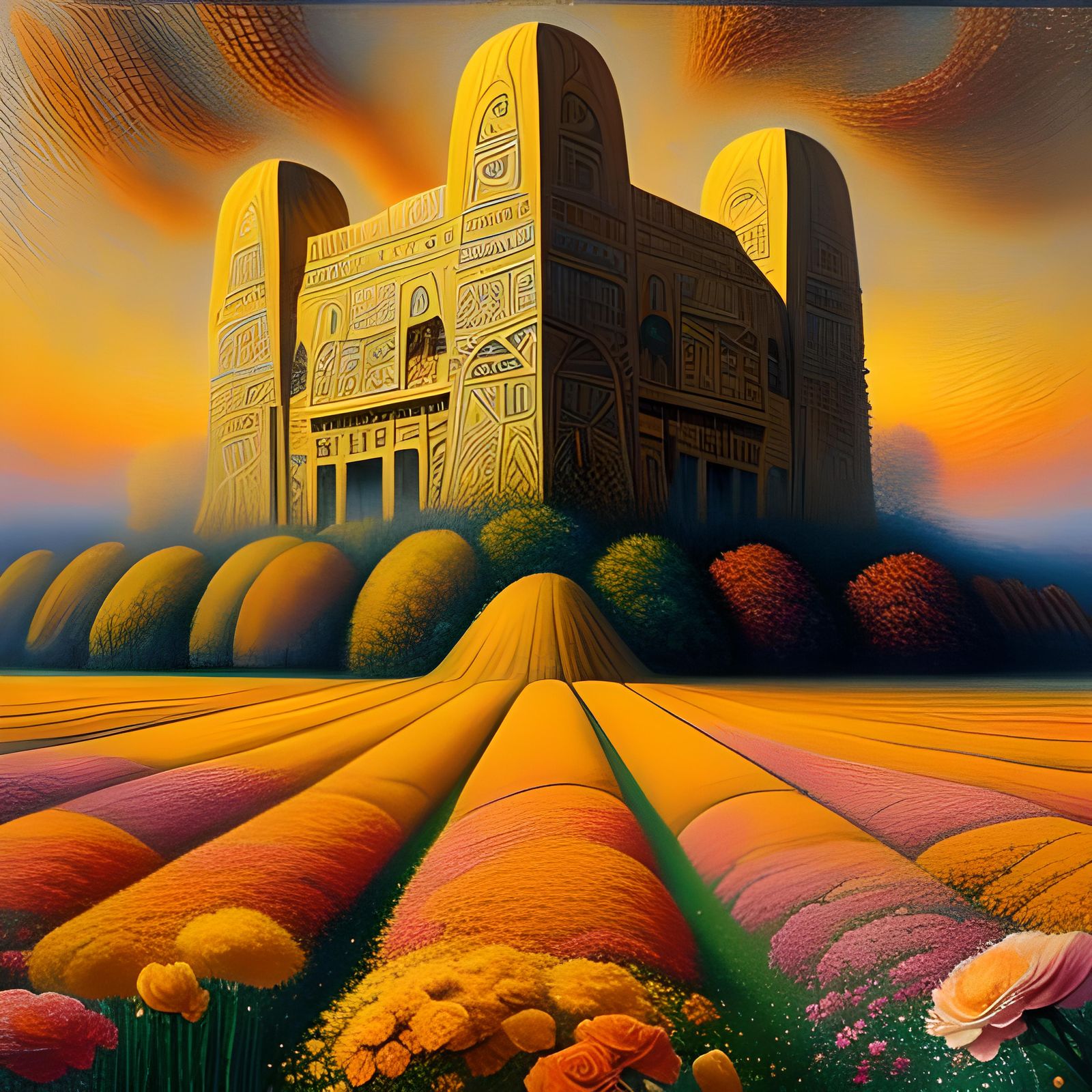 Surreal Futuristic Building in Dreamlike Floral Field