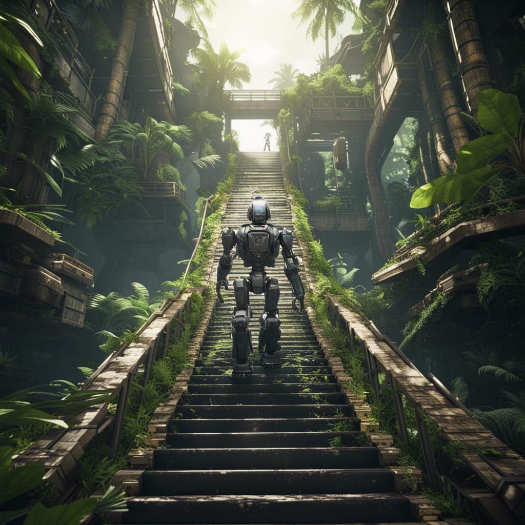 Robot Climbs Infinite Jungle Stairs: 3D Game Art