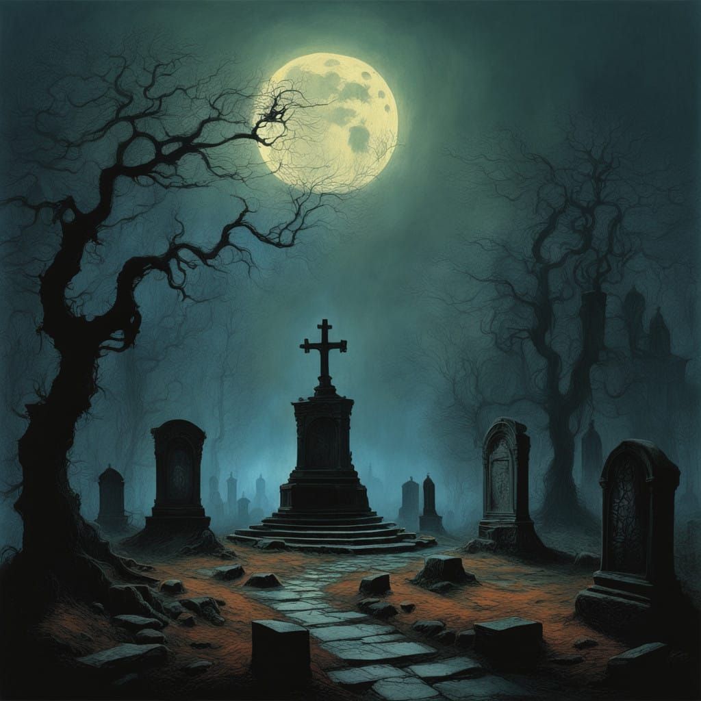 Ominous Crows in a Desolate Church Yard Landscape