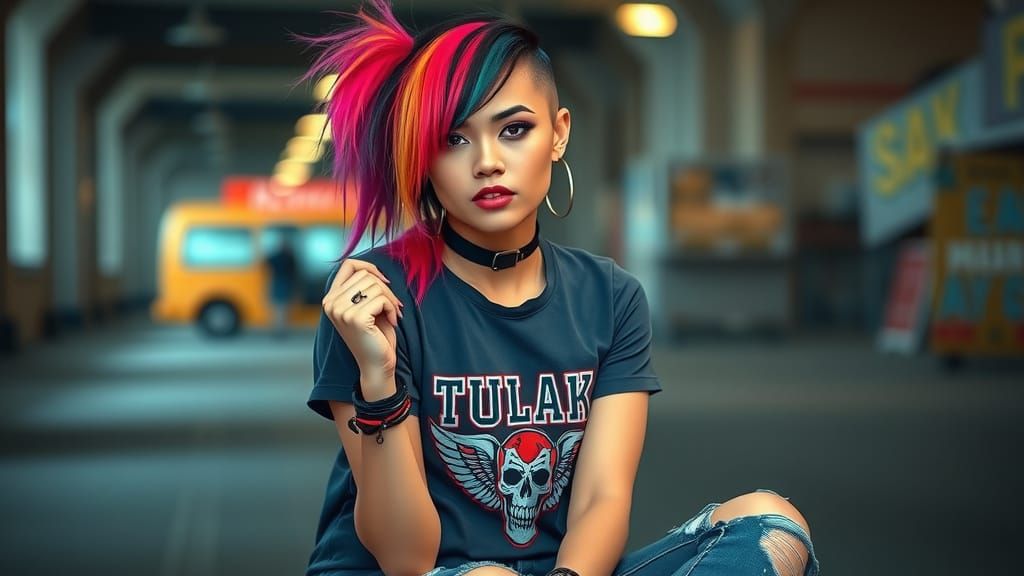Punk Girl with Asymmetrical Hair in Retro Synthwave Style
