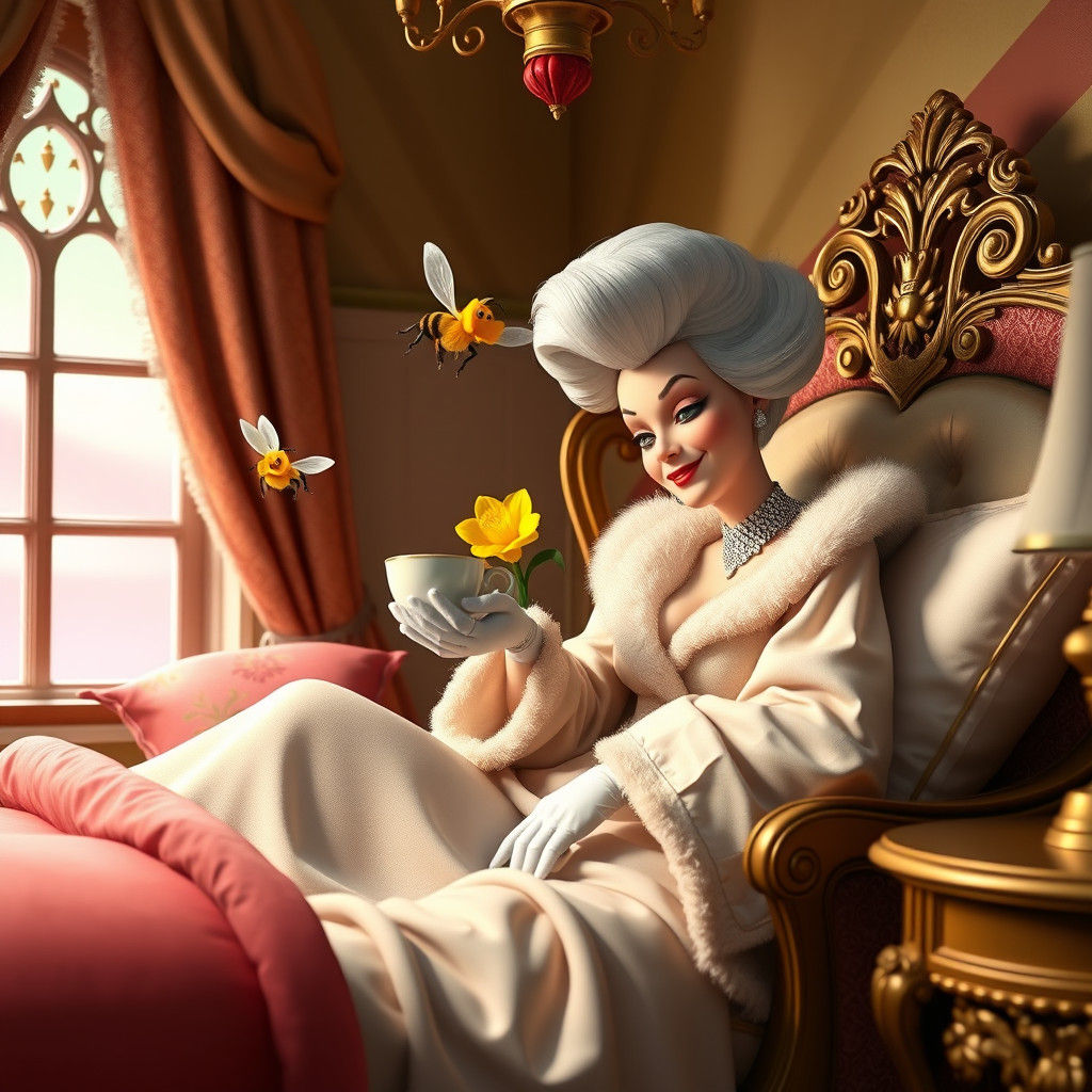 Luxurious Get-Well Scene with Cruella de Vil and a Fuzzy Bee