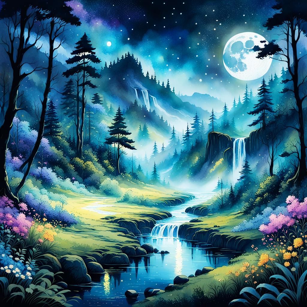 Dreamlike Moonlit Landscape with Waterfalls and Rivers