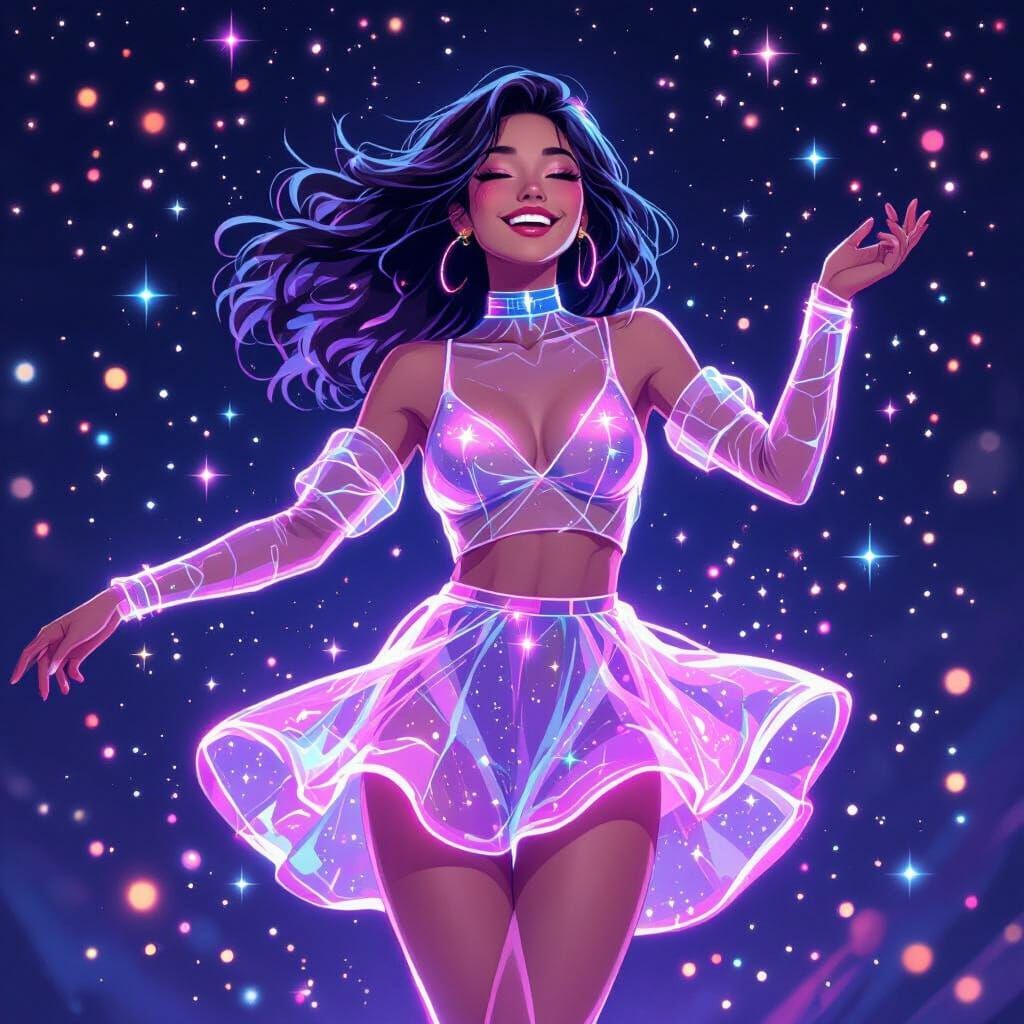 Cosmic Woman Dancing in Neon Stardust