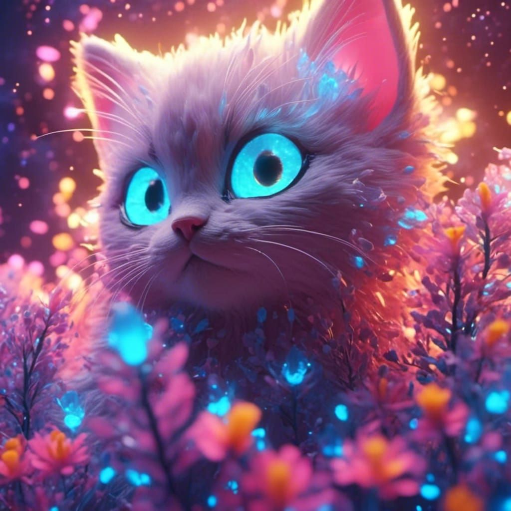 Bioluminescent Kitten Among Flowers in Volumetric Lighting