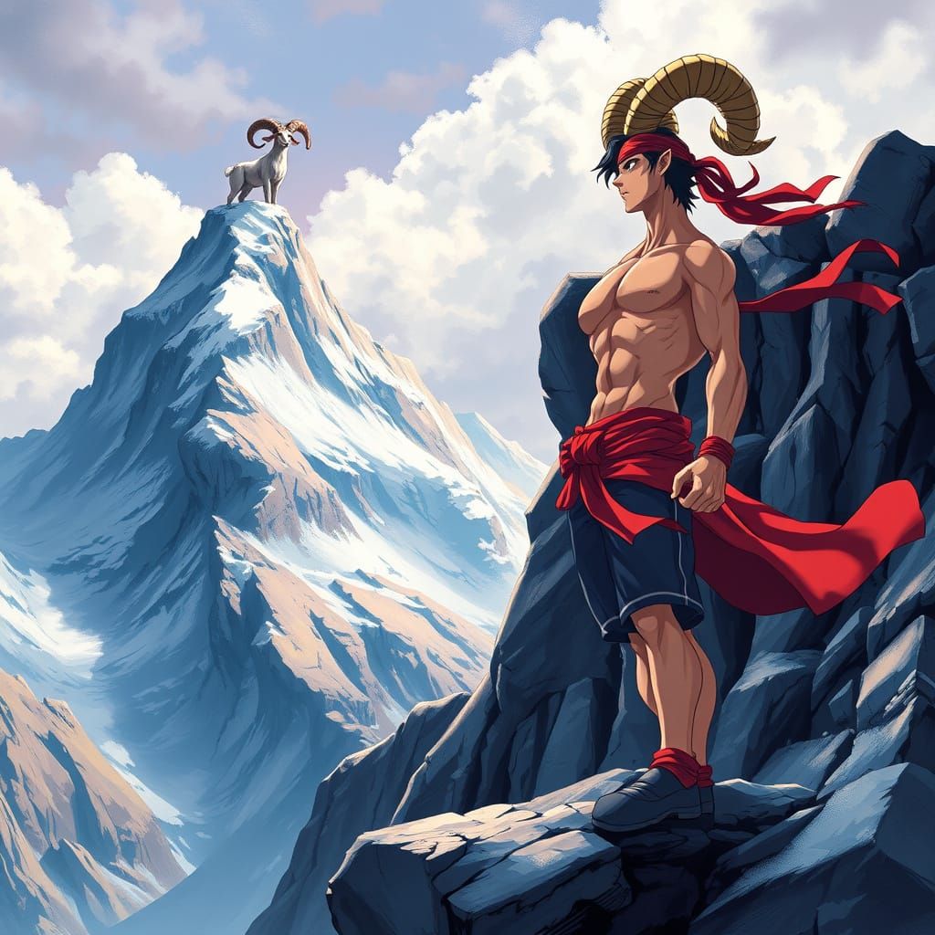 Anime Hero Confronts Majestic Ram on Mountain Peak