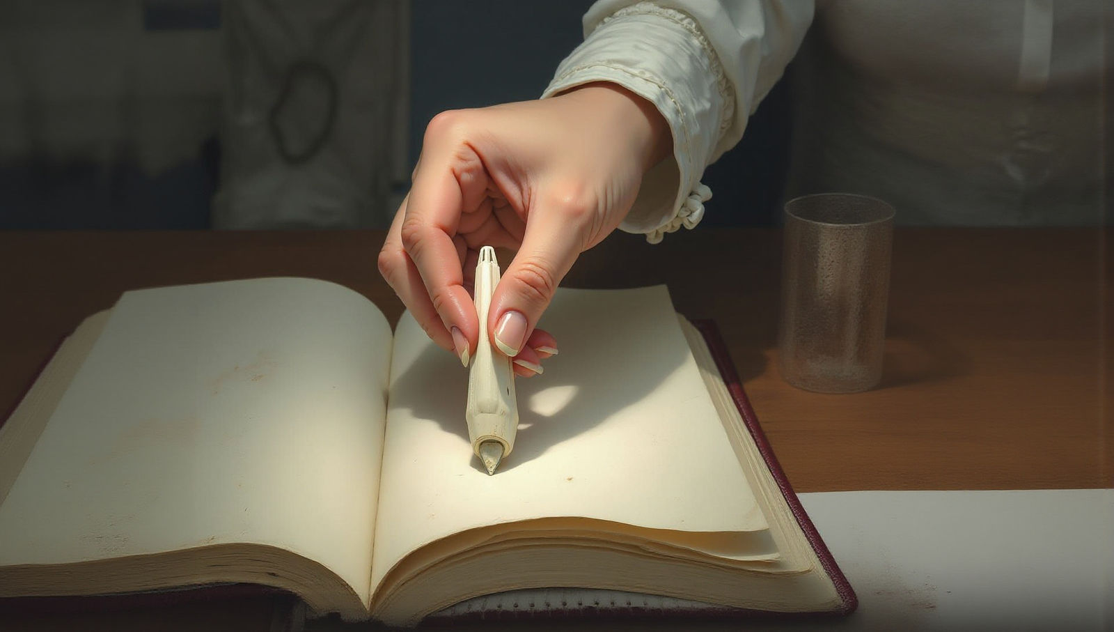 Semirealistic Notebook with Hand Holding Pencil