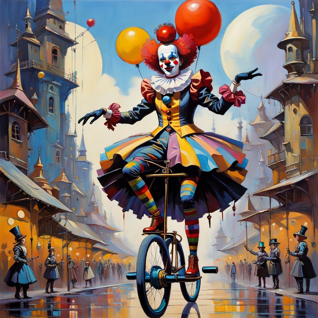 Surreal Cyborg Clown Unicycling in Vivid Oil Painting