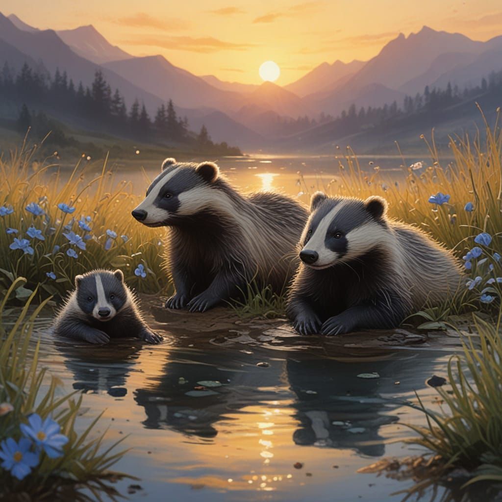 Badger Family Relaxing in Steamy Hot Springs at Dawn