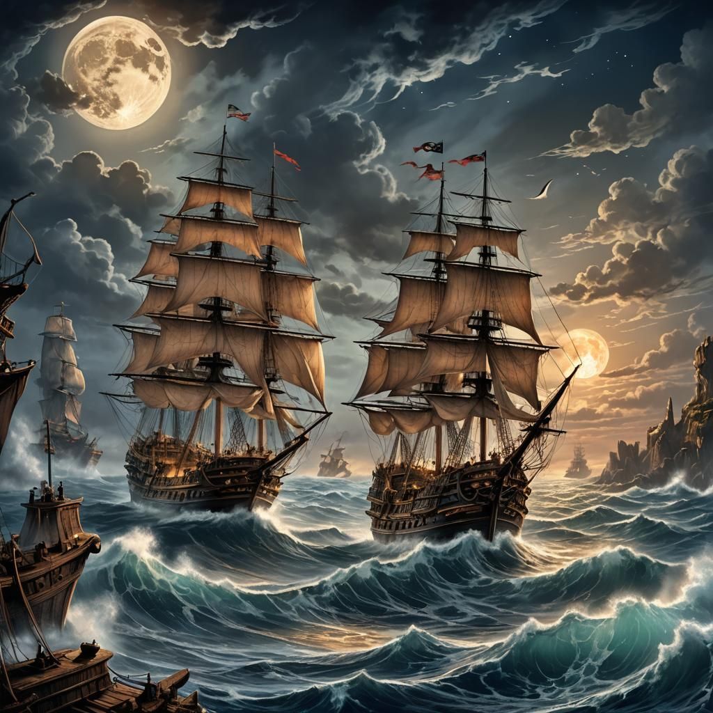Pirate Ships Clash Under Moonlight: Digital Art