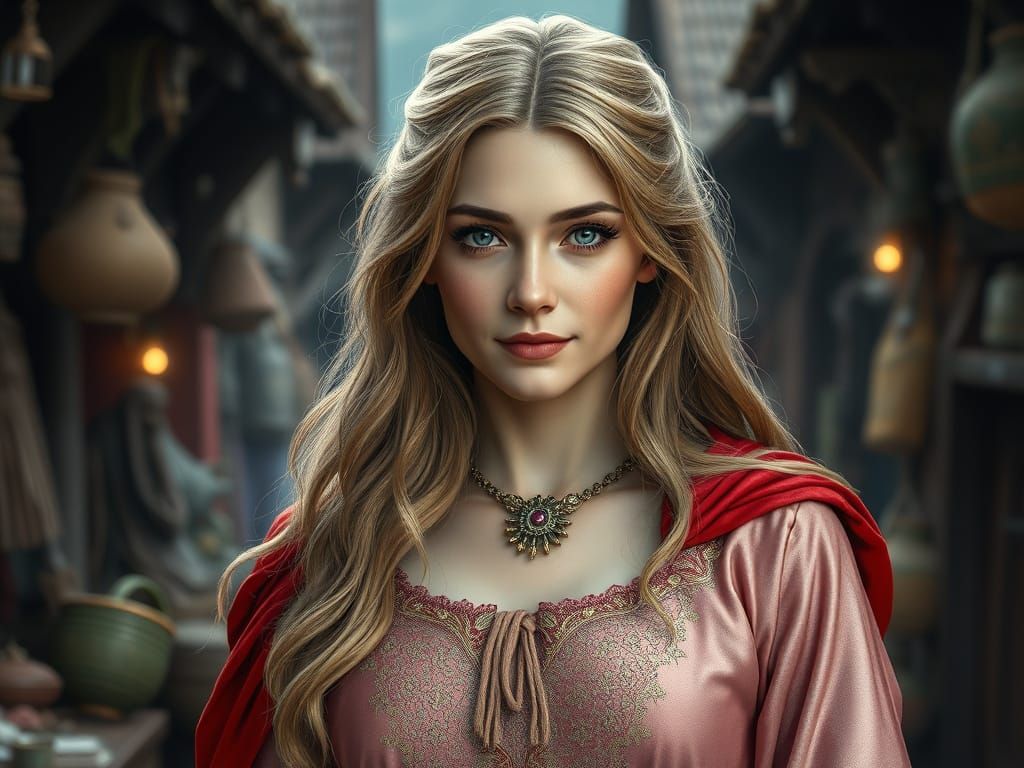 Medieval Woman in Village Shopping Scene, Fantasy Concept Ar...