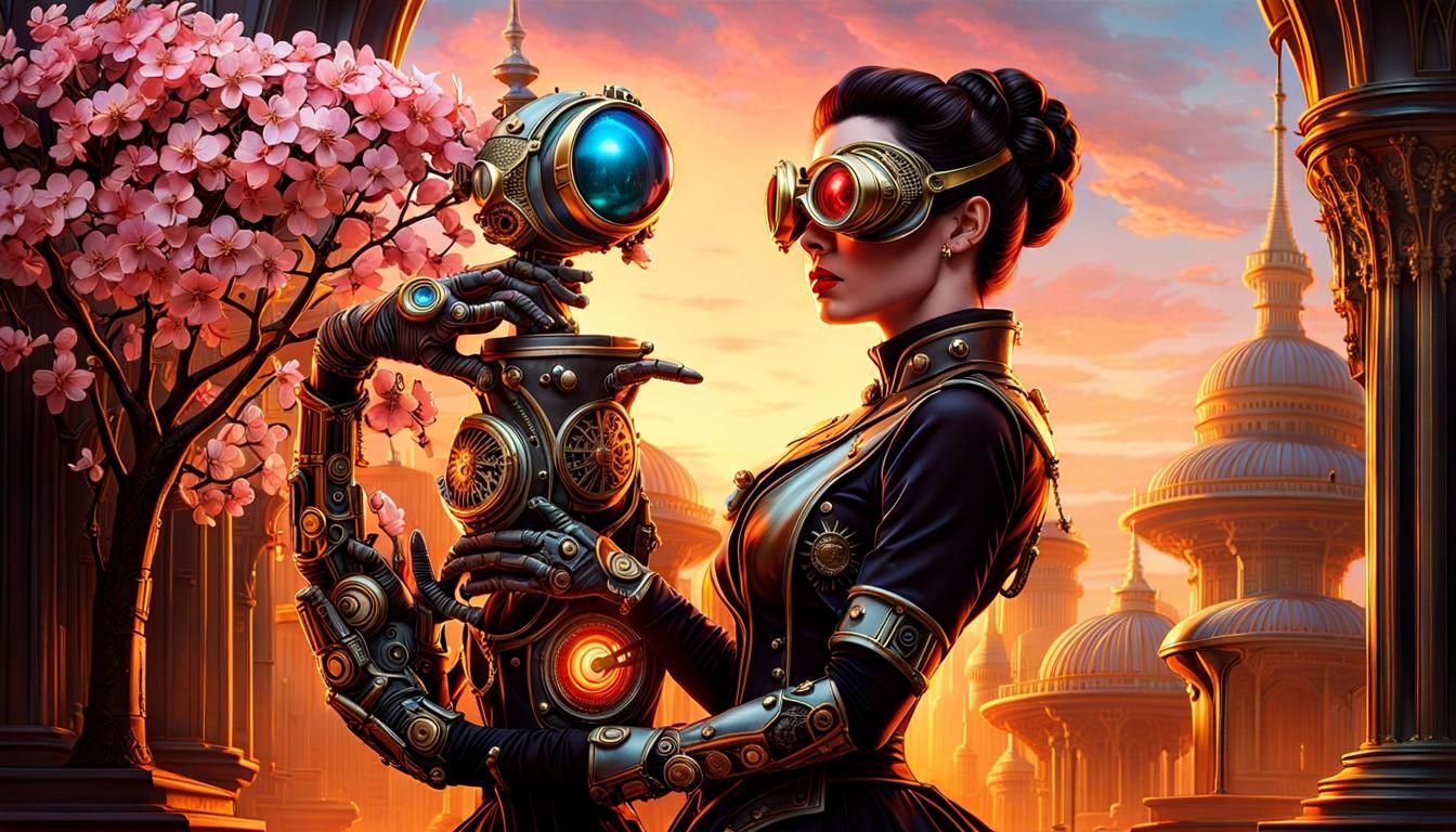 Cyberpunk Woman with Cherry Blossom in Steampunk Setting