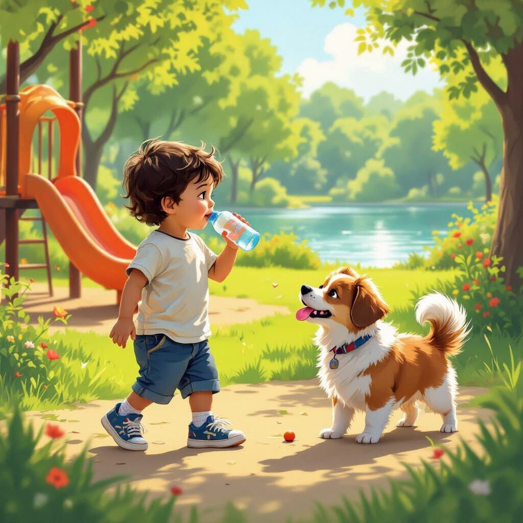 Toddler and Dog Playing in Park, Disney Style