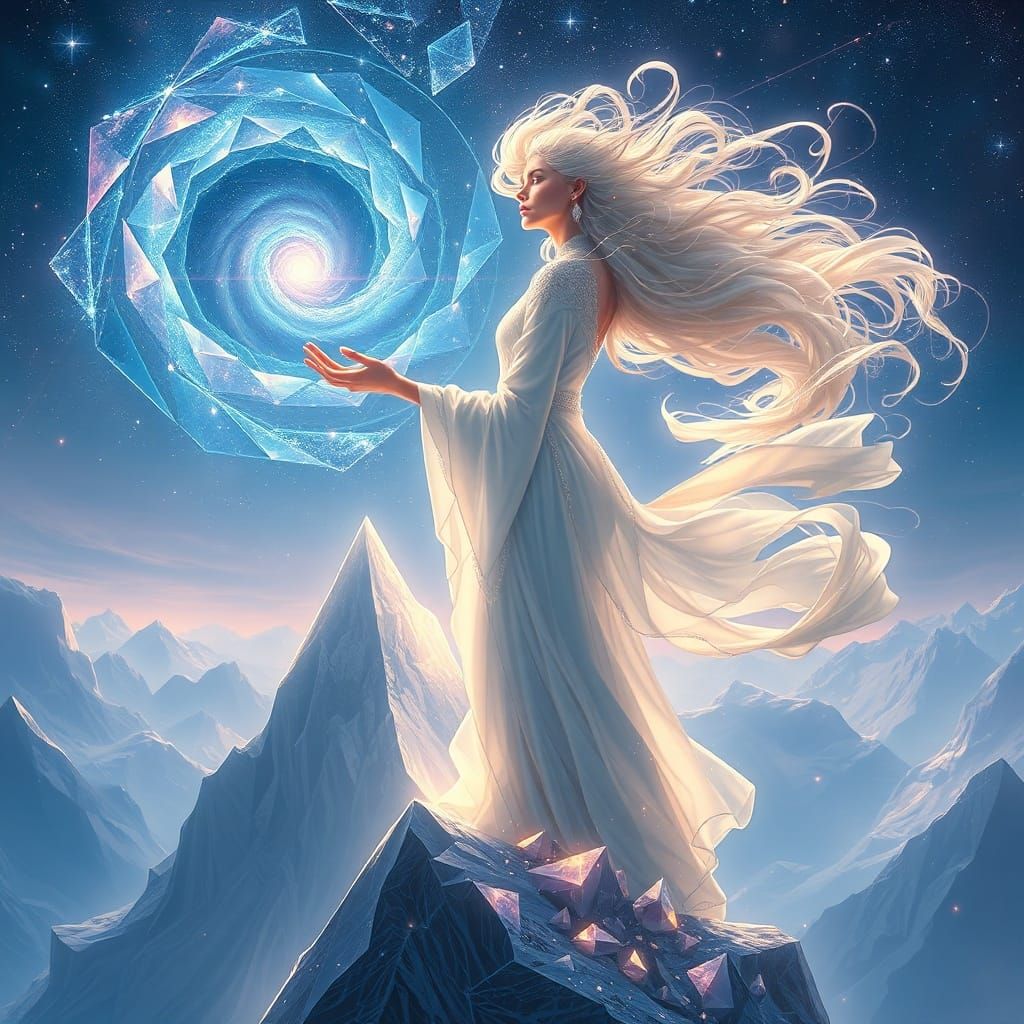 Ethereal Woman Gestures to Galaxy from Crystal Mountain Peak