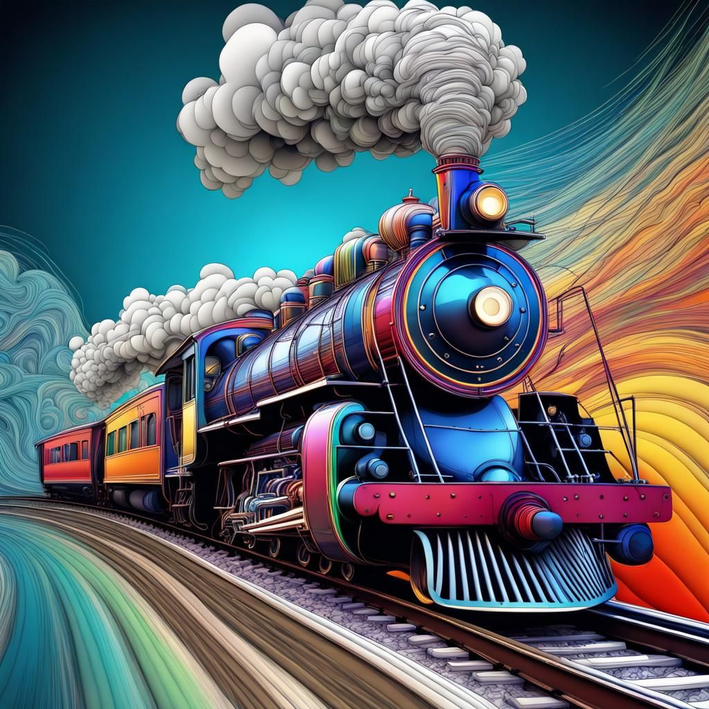 Vibrantly Colored Steam Train Line Art