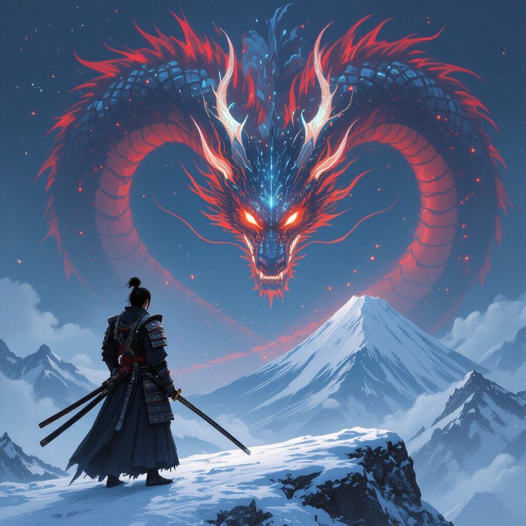 Samurai and Bioluminescent Dragon in Japanese Art Style