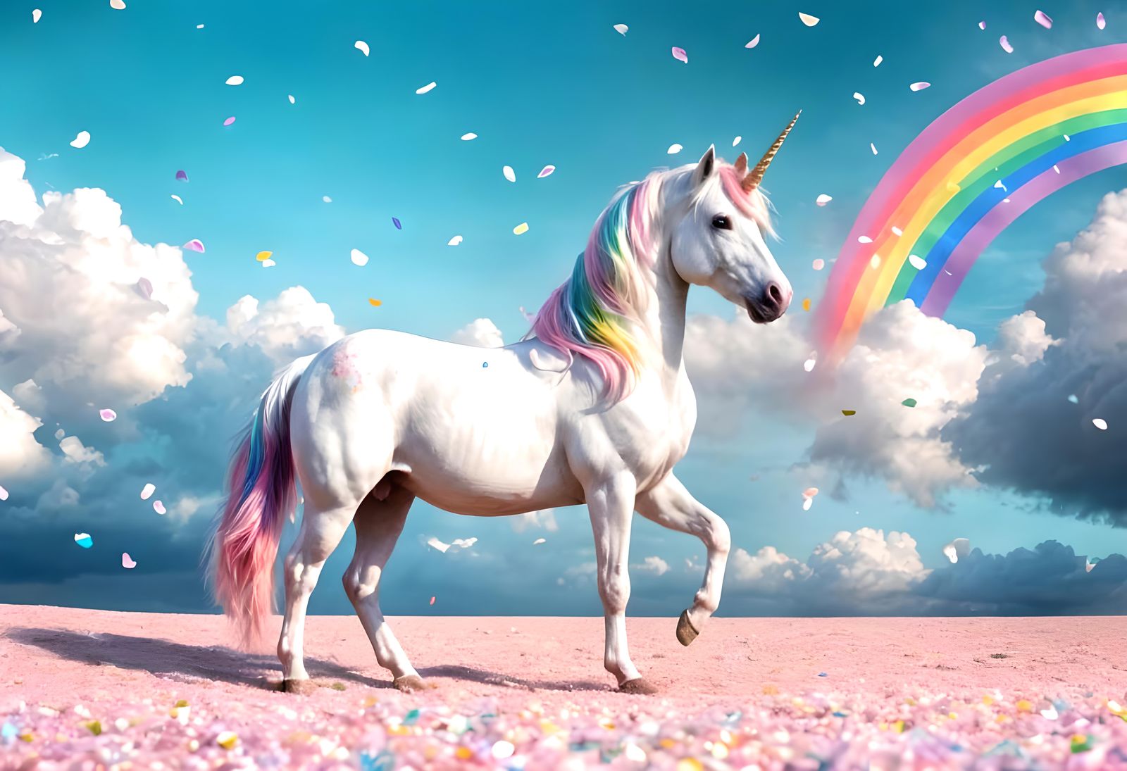 Unicorn in Pastel Wonderland with Rainbow Confetti