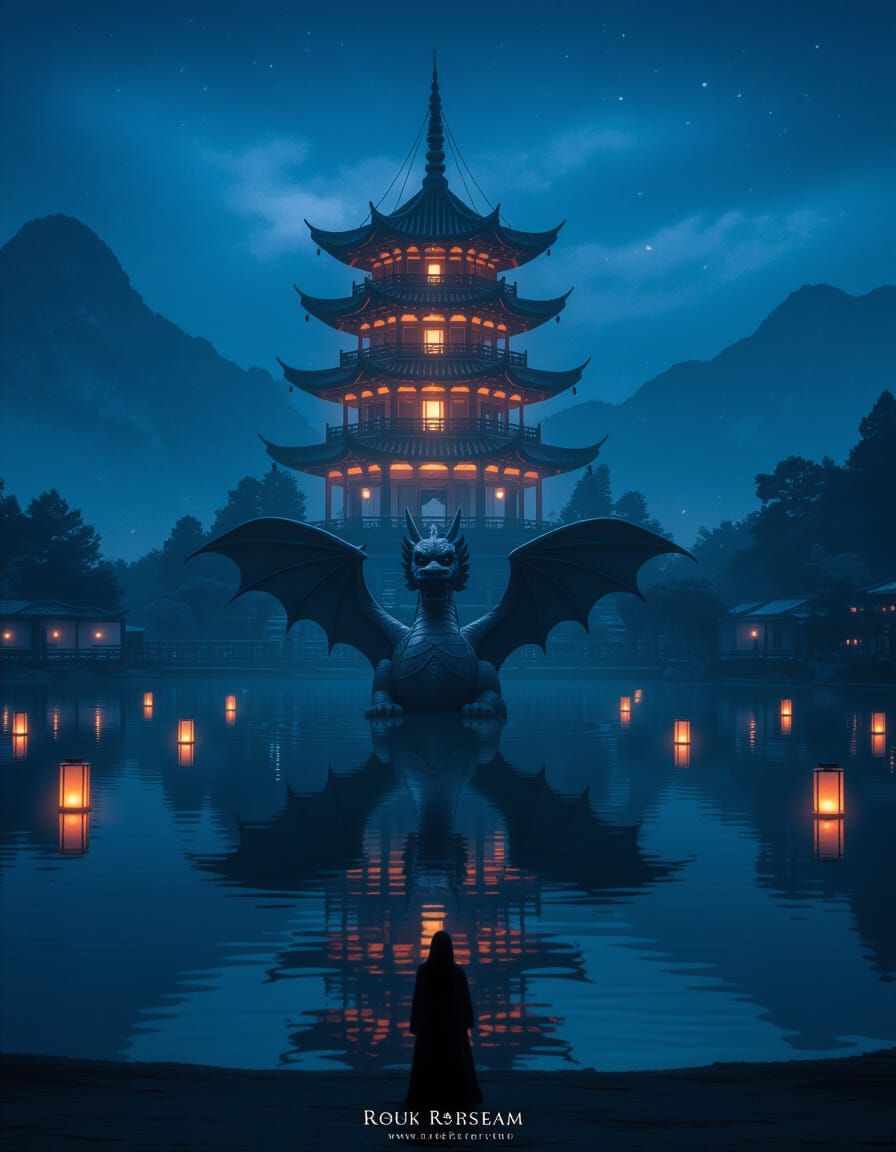 Glowing Pagoda Reflection on Misty Lake with Stone Dragon